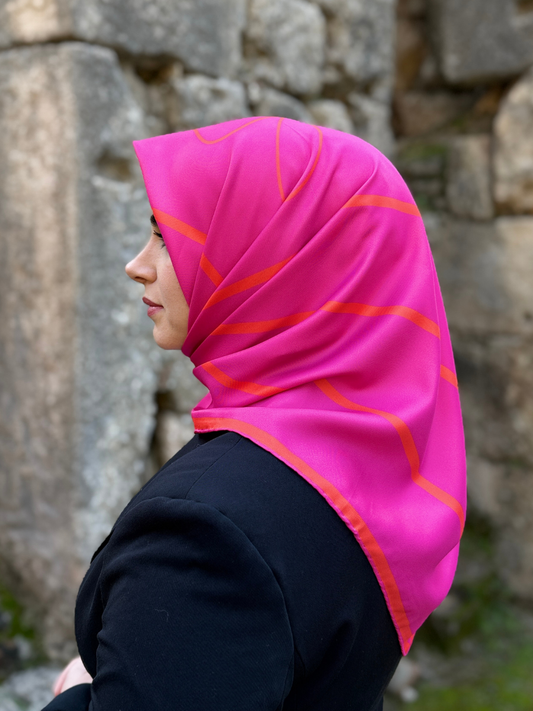 Square Pembe Kare Desen Twill Eşarp