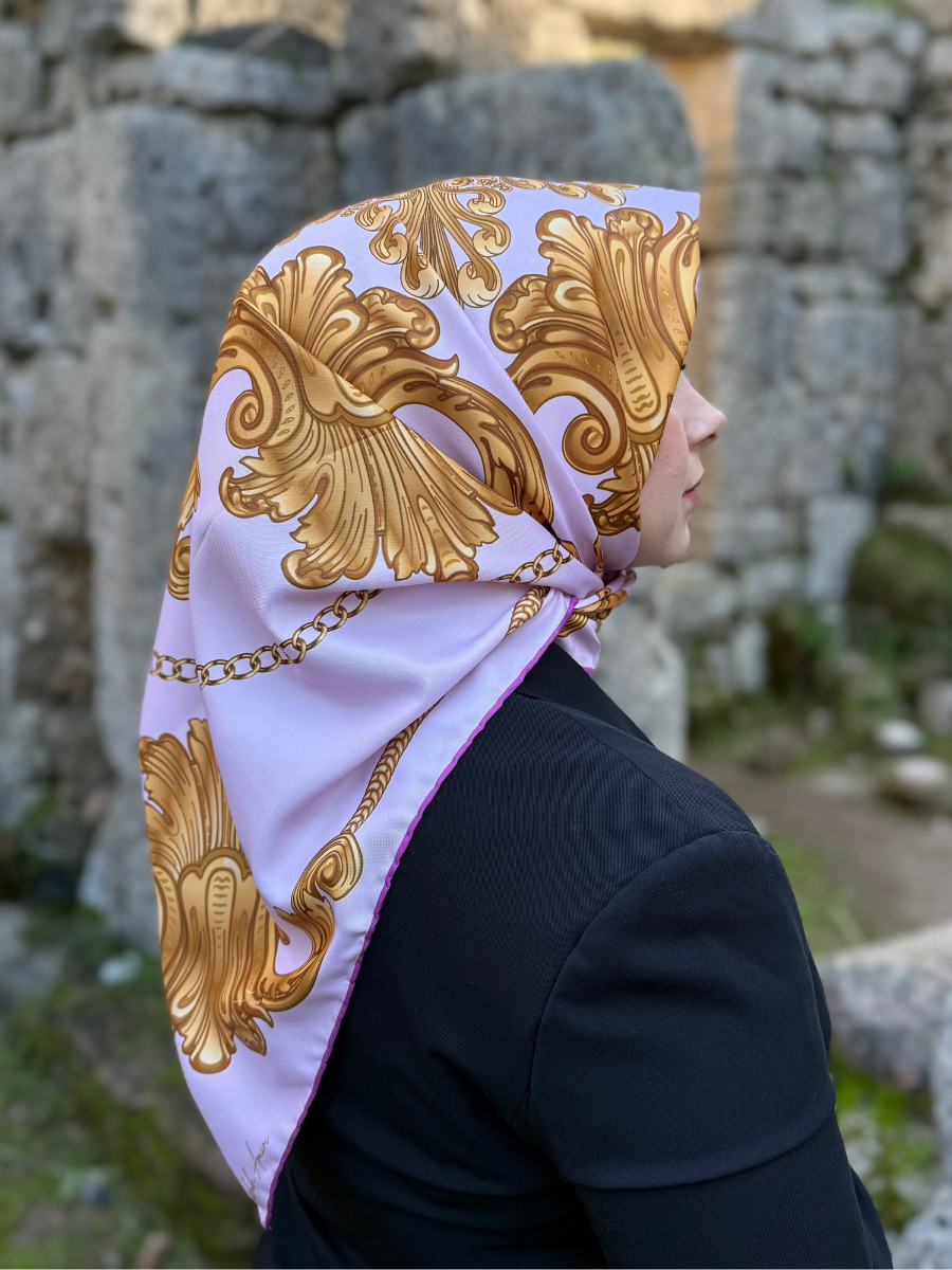 Baroque Pembe Barok Desen Twill Eşarp
