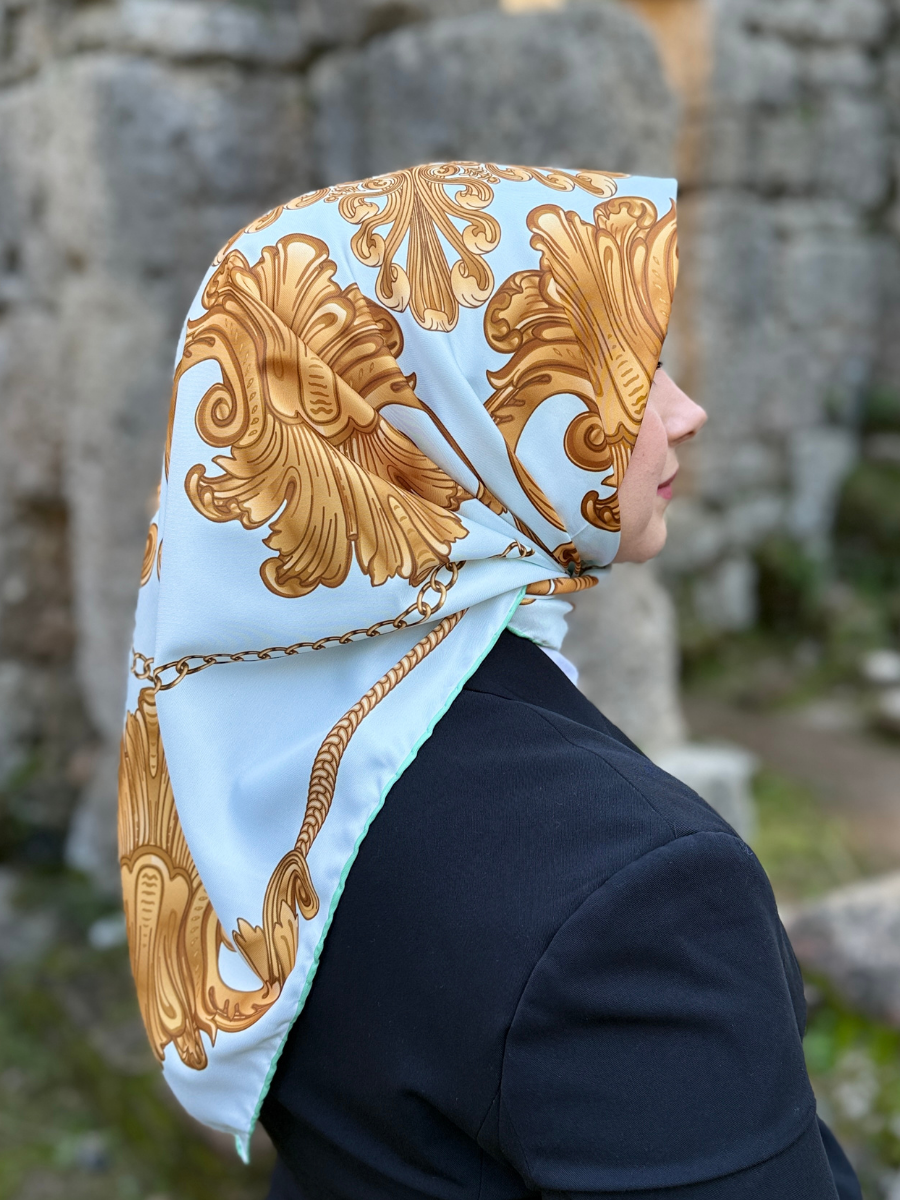 Baroque Yeşil Barok Desen Twill Eşarp